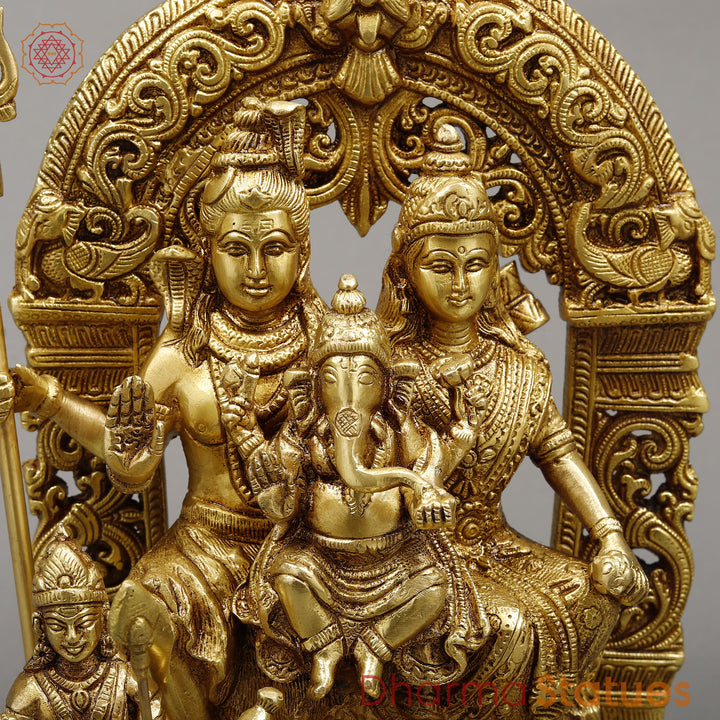 Brass Shiva Parivar With Arch , Fine Golden Finish, 12"