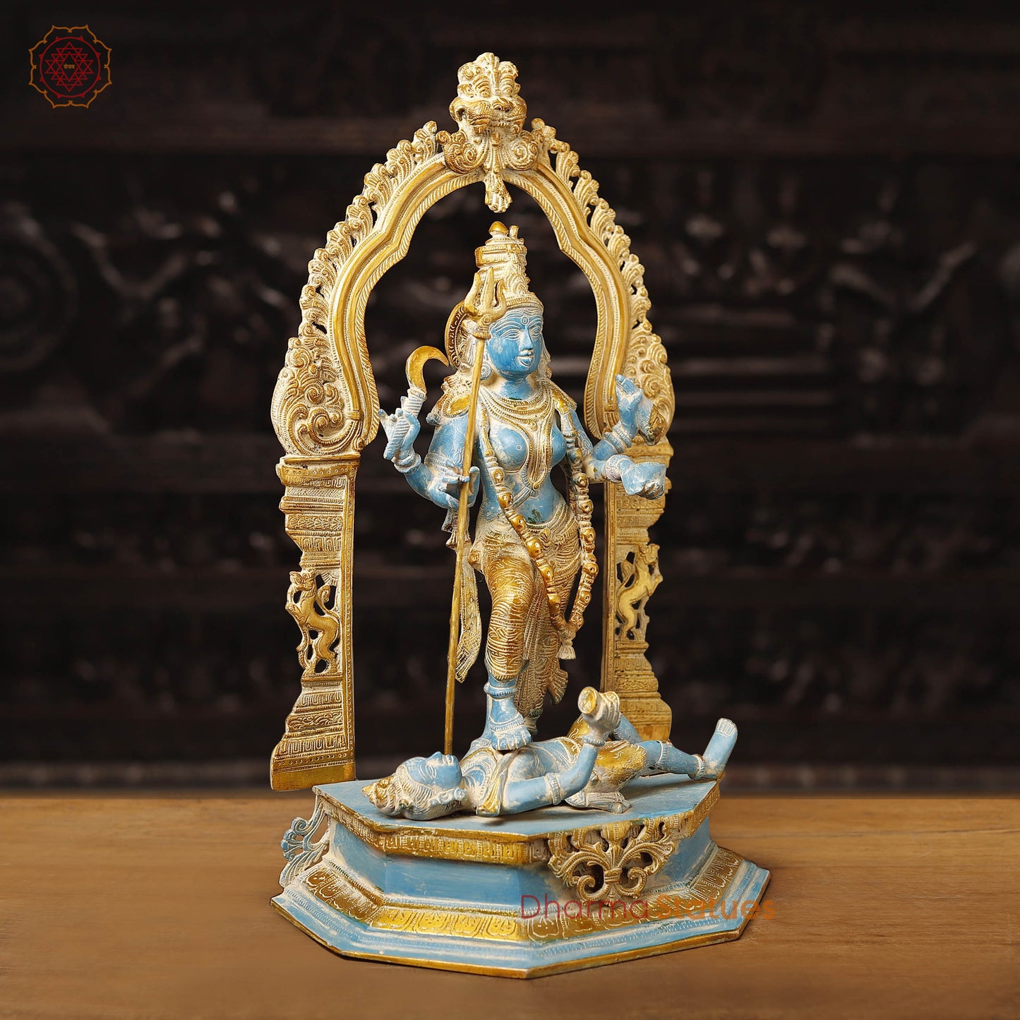 Brass Kali Idol- Handcrafted Brass Goddess Kali, Turquoise Finish 21"