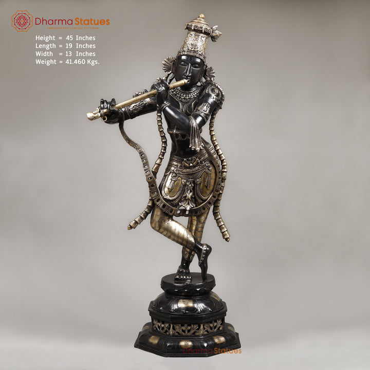 Brass Krishna With Ornated Mala, Royal Black Finish 45"