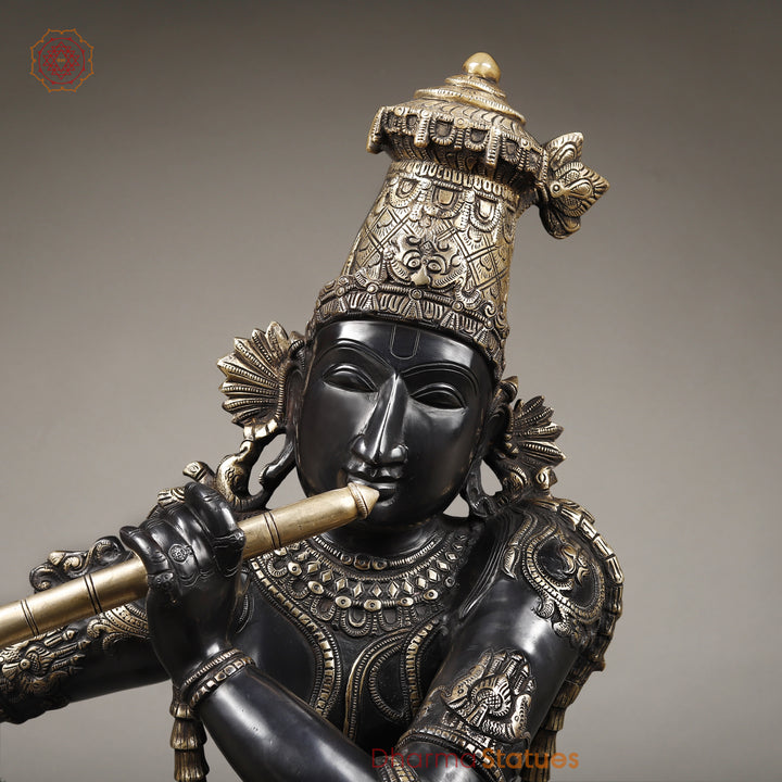 Brass Krishna With Ornated Mala, Royal Black Finish 45"