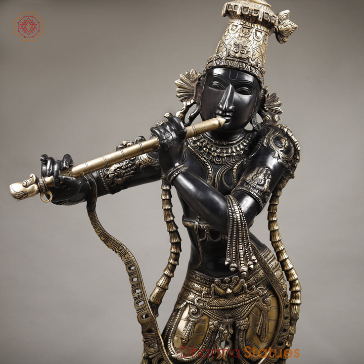 Brass Krishna With Ornated Mala, Royal Black Finish 45"