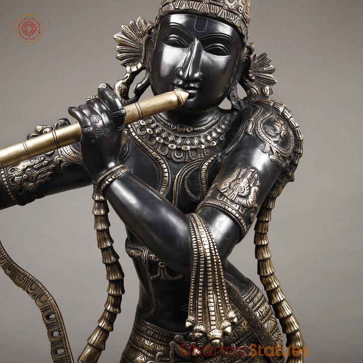 Brass Krishna With Ornated Mala, Royal Black Finish 45"