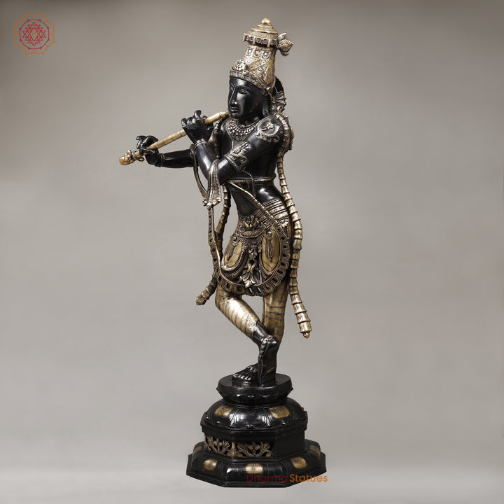 Brass Krishna With Ornated Mala, Royal Black Finish 45"