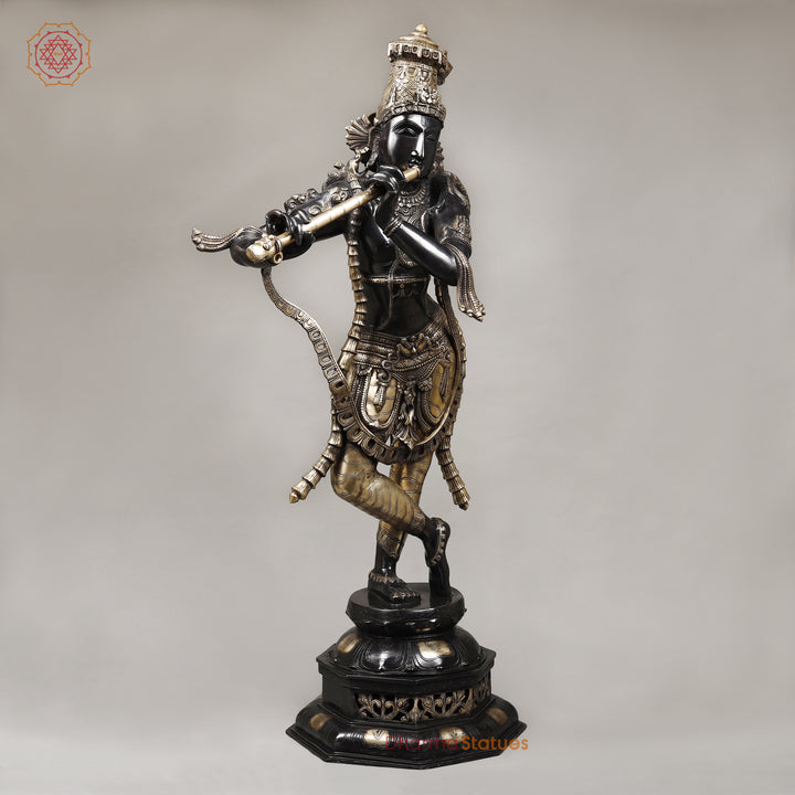 Brass Krishna With Ornated Mala, Royal Black Finish 45"