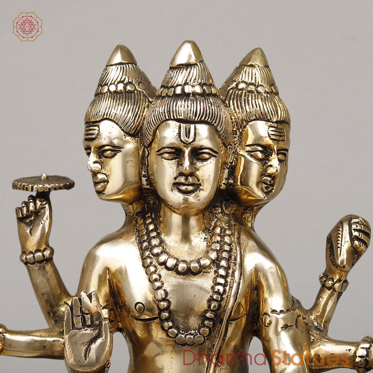 Brass Dattatreya seated, Golden Finish, 12"