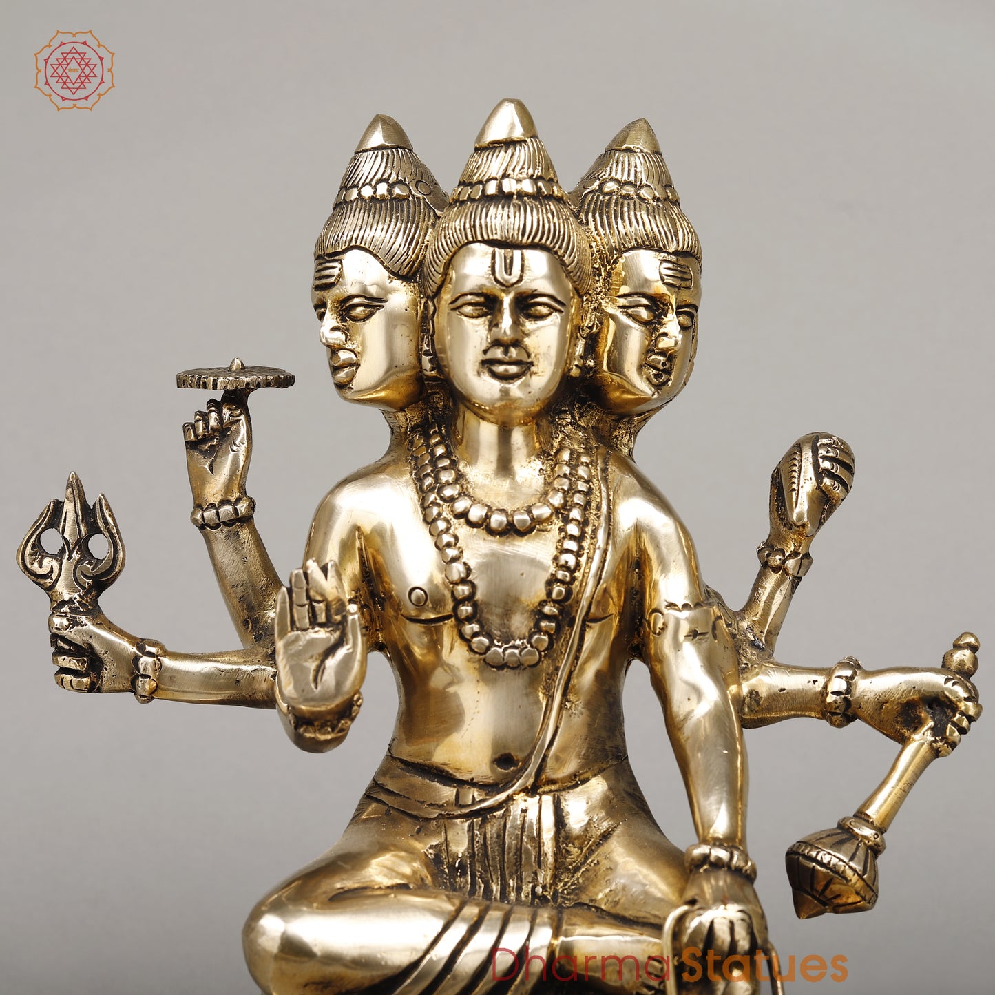Brass Dattatreya seated, Golden Finish, 12"
