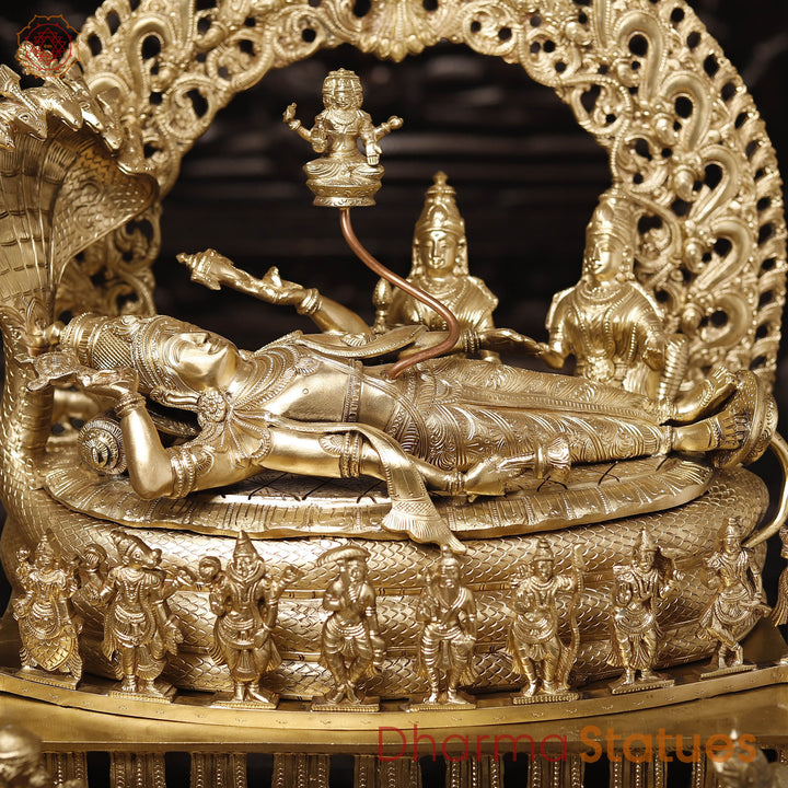 Brass Vishnu Resting on Sheshnag Throne – Lakshmi, Brahma, and Dashavatar Ensemble, Fine Golden Finish, 26"