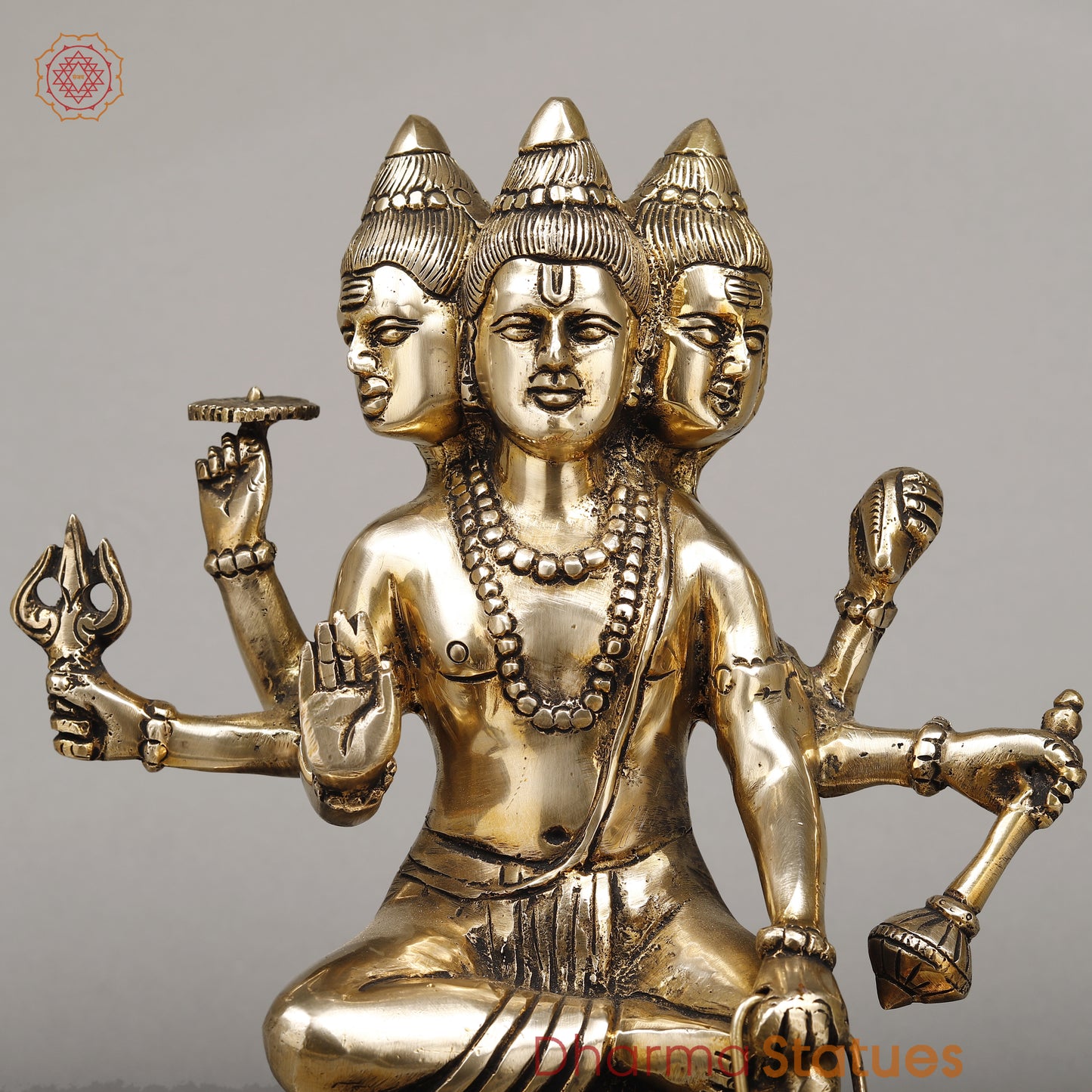 Brass Dattatreya seated, Golden Finish, 12"