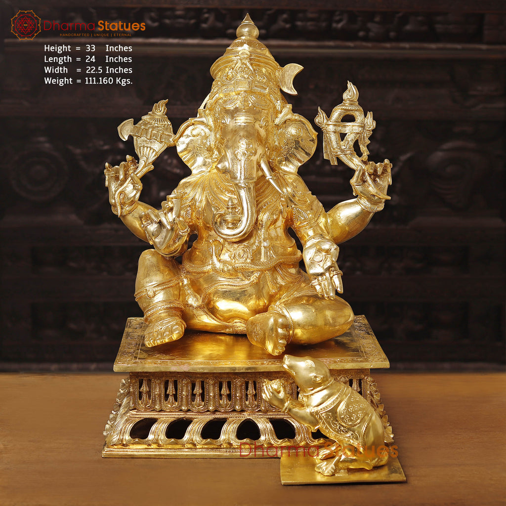 Bronze Ganesh Seated Beautifully Craved With Fine Details Made in the Villages of Tamil nadu 33" Front View