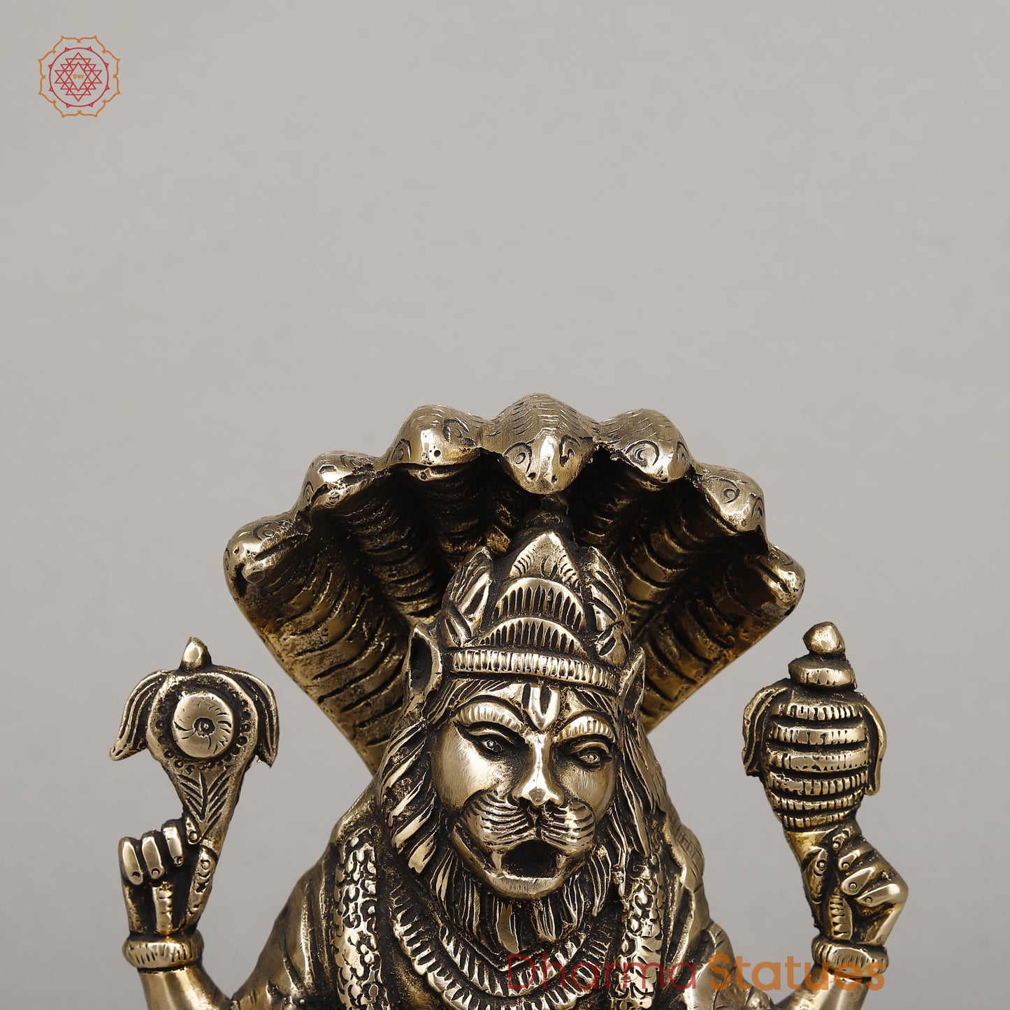 Brass Narasimha, Killing Hiranyakashipu On Throne with Sheshnaag, Fine Golden Finish, 9"