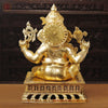 Brass Ganesh Seated Beautifully Craved With Fine Details Made in the Villages of Tamil Nadu, Gold Finish 33"