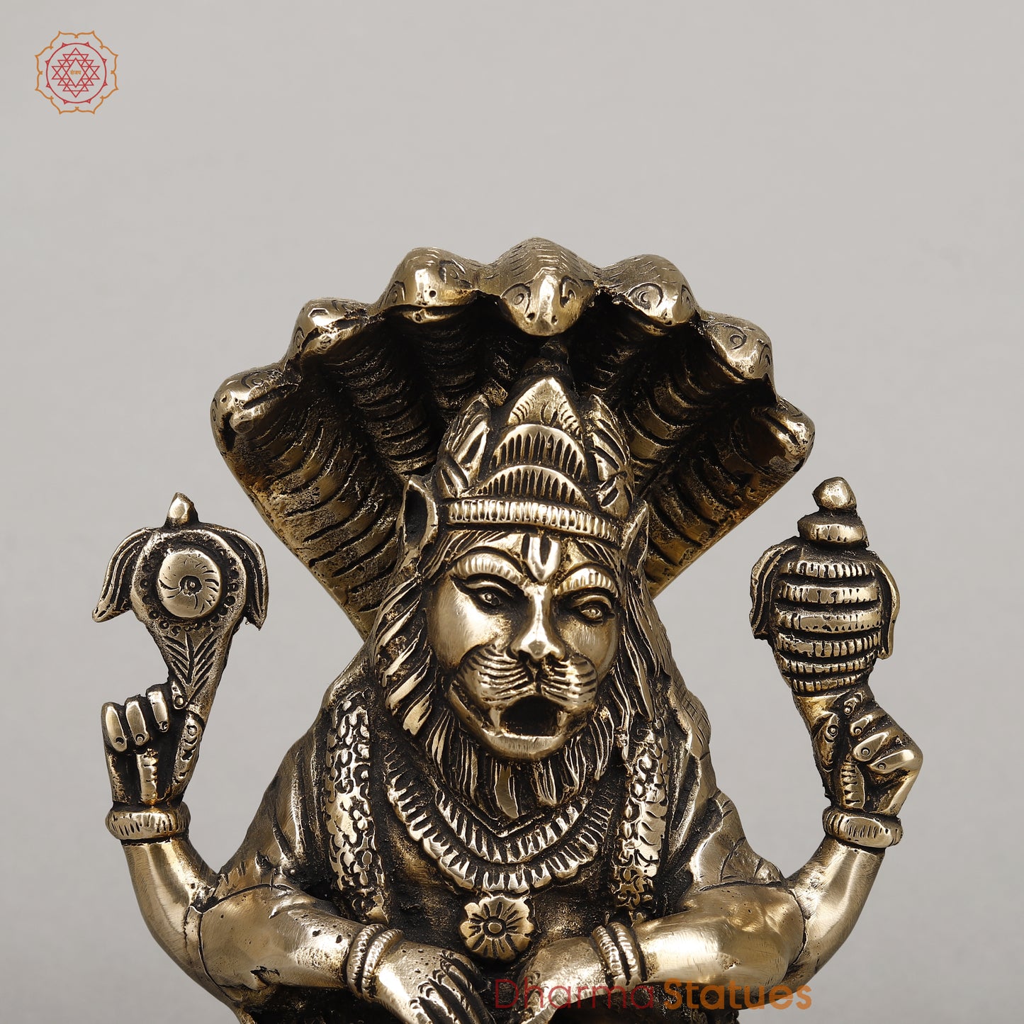 Brass Narasimha, Killing Hiranyakashipu On Throne with Sheshnaag, Fine Golden Finish, 9"