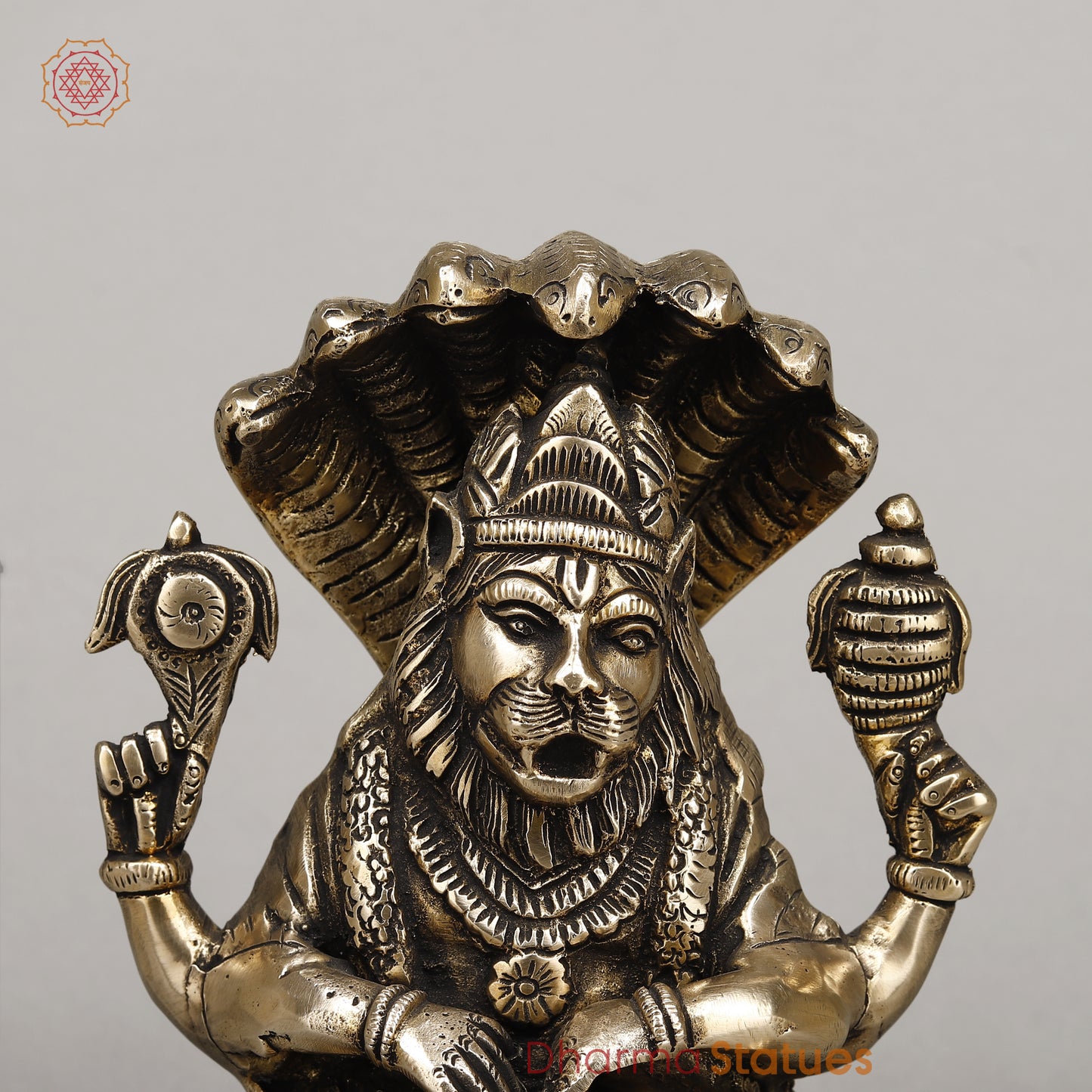 Brass Narasimha, Killing Hiranyakashipu On Throne with Sheshnaag, Fine Golden Finish, 9"