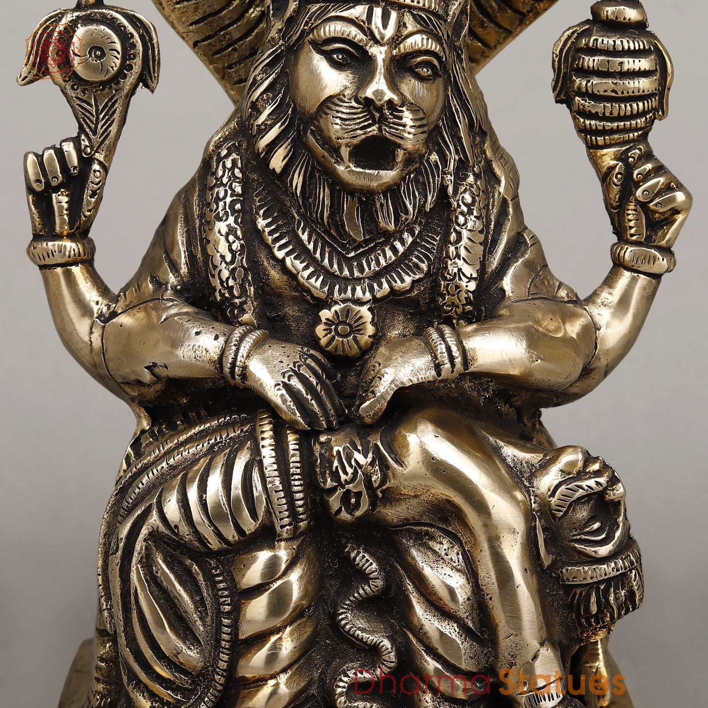 Brass Narasimha, Killing Hiranyakashipu On Throne with Sheshnaag, Fine Golden Finish, 9"