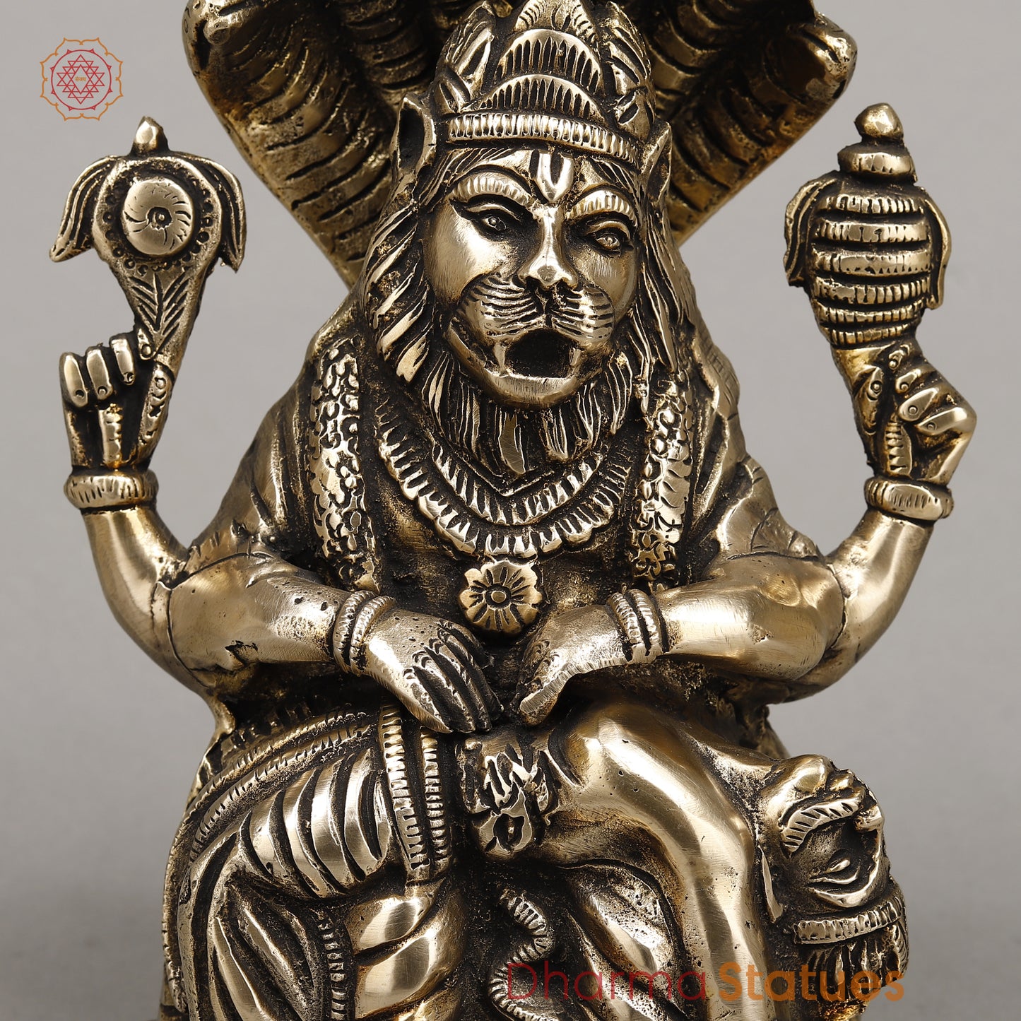 Brass Narasimha, Killing Hiranyakashipu On Throne with Sheshnaag, Fine Golden Finish, 9"