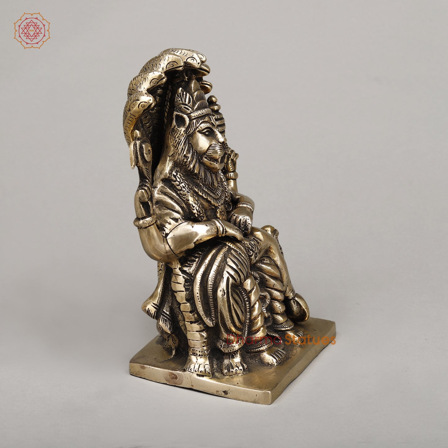 Brass Narasimha, Killing Hiranyakashipu On Throne with Sheshnaag, Fine Golden Finish, 9"
