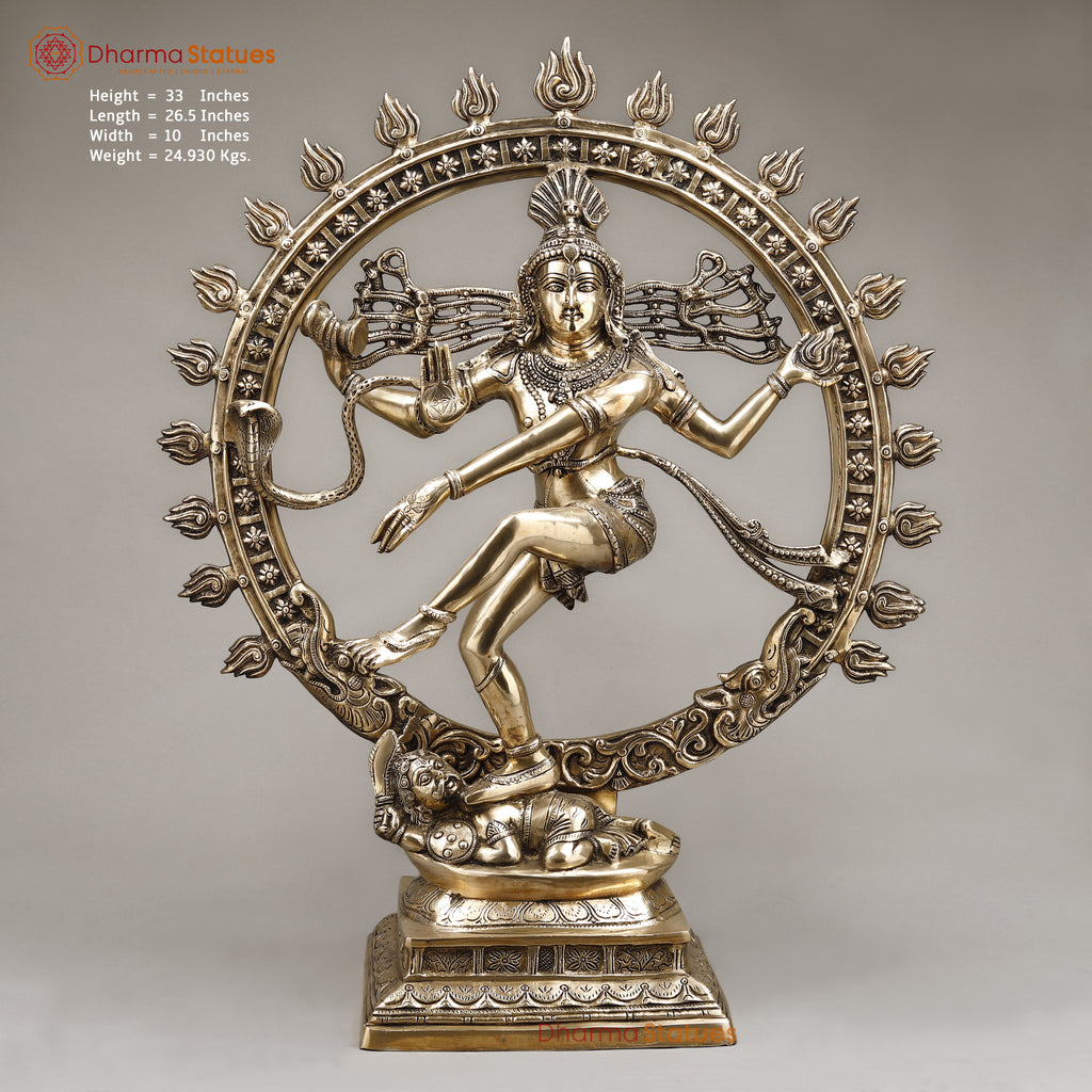 Brass Natraj Idol, Dancing Lord Shiva, Golden Finish 33"