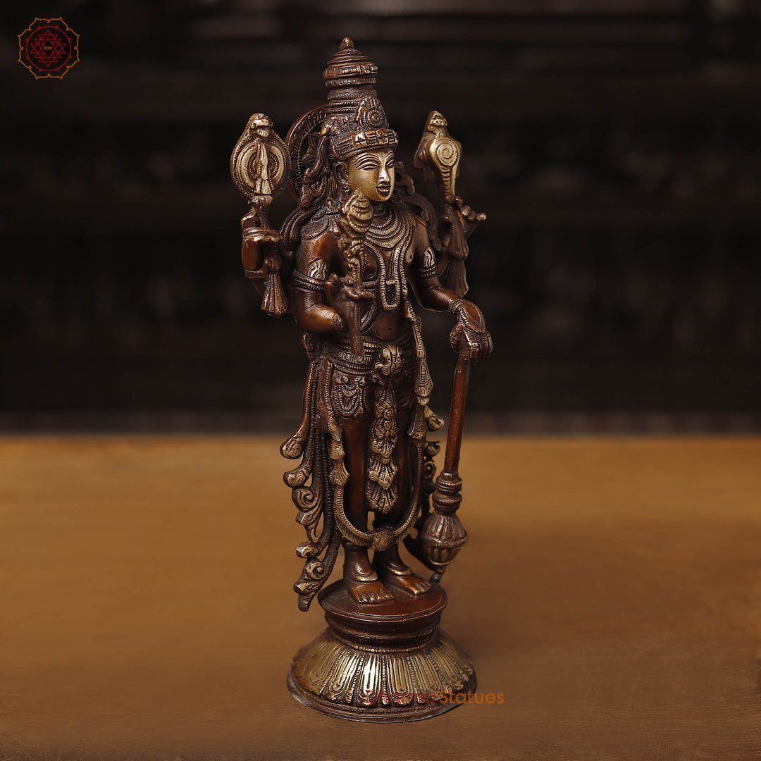 Brass Vishnu is Depicted as Having a Dark Complexion and four Arms. 12.5"