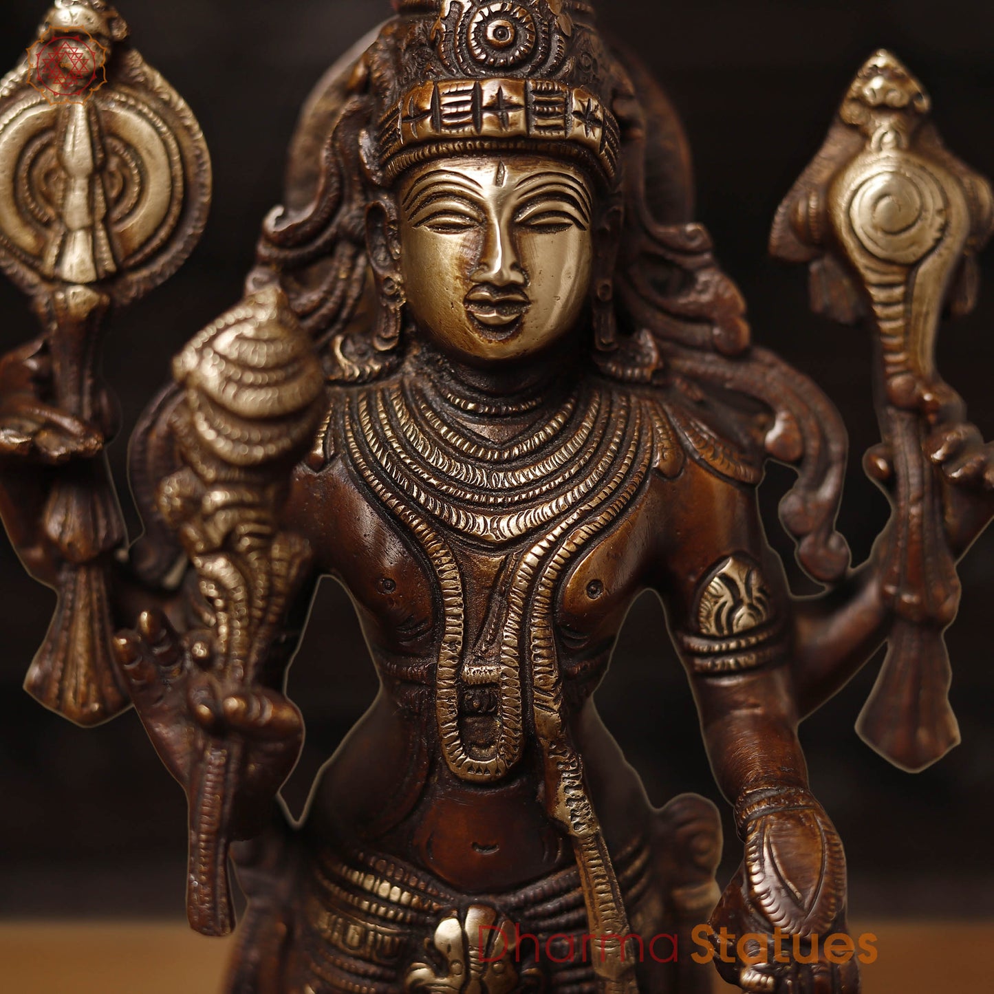Brass Vishnu Lakshmi Idol, Fine Copper & Golden Finish, 12.5"