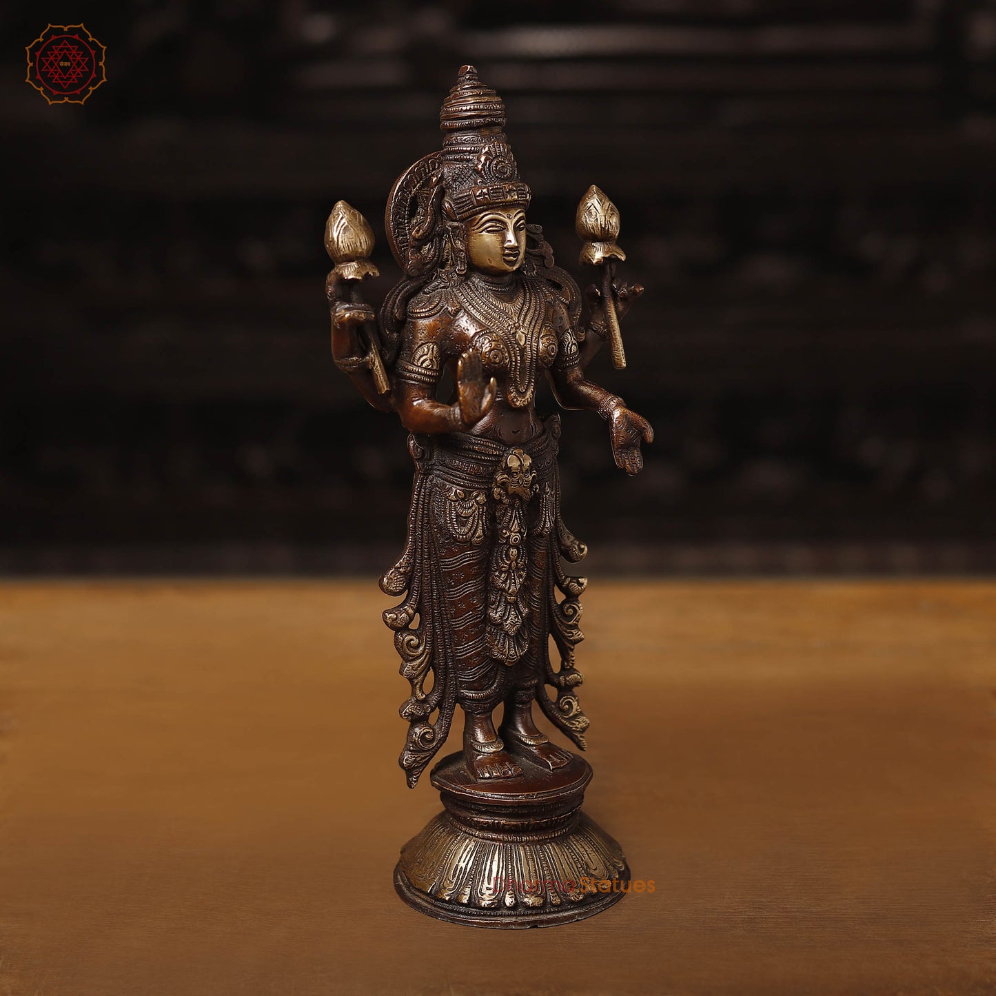 Brass Lakshmi Idol, Radiant Wealth Embodiment, Gold and Copper Finish. 12.5"