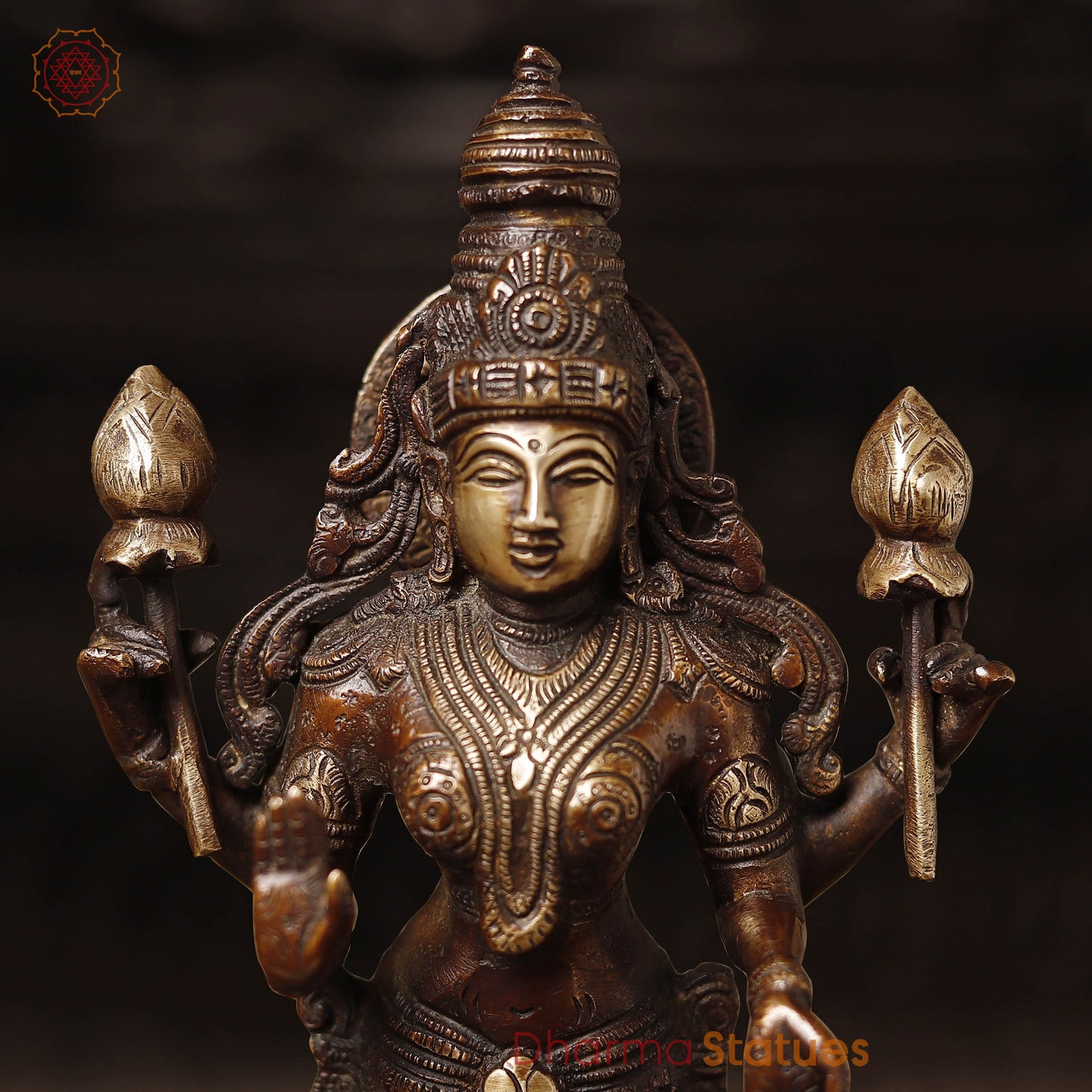 Brass Lakshmi Idol, Radiant Wealth Embodiment, Gold and Copper Finish. 12.5"