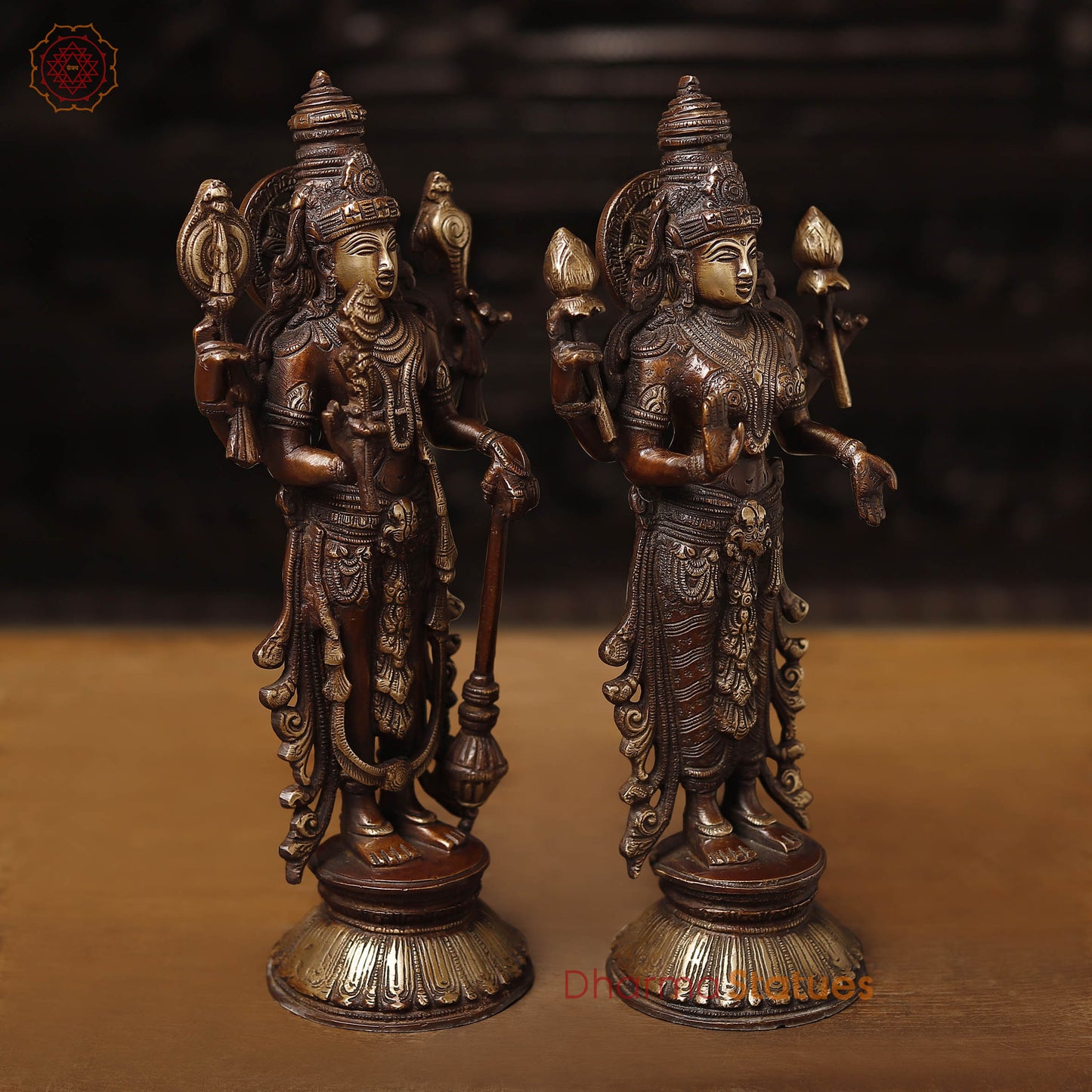 Brass Vishnu Lakshmi Idol, Fine Copper & Golden Finish, 12.5"