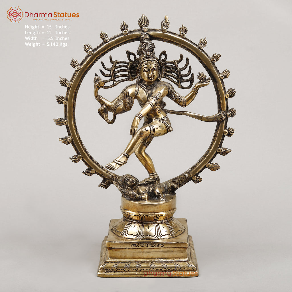 Brass Natraj Idol, Dancing Lord Shiva, Smooth Finish 15"