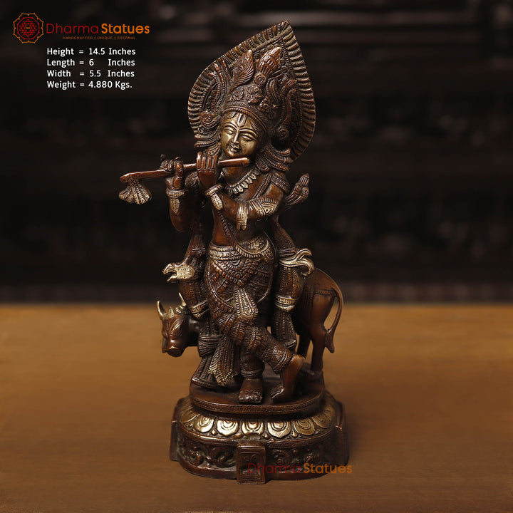 Brass Cow Krishna, Lord Krishna is Standing on a Platform. 14.5" Front View