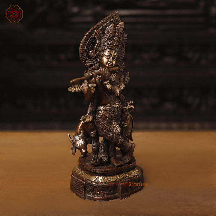 Brass Krishna Statue with Cow, Playing Flute, Copper & Golden Finish, 14.5"