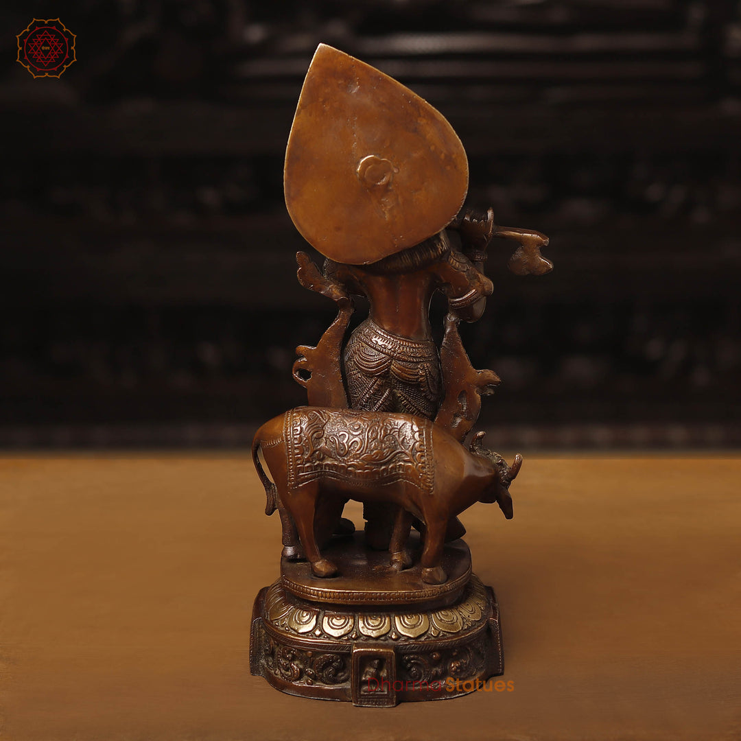 Brass Krishna Statue with Cow, Playing Flute, Copper & Golden Finish, 14.5"