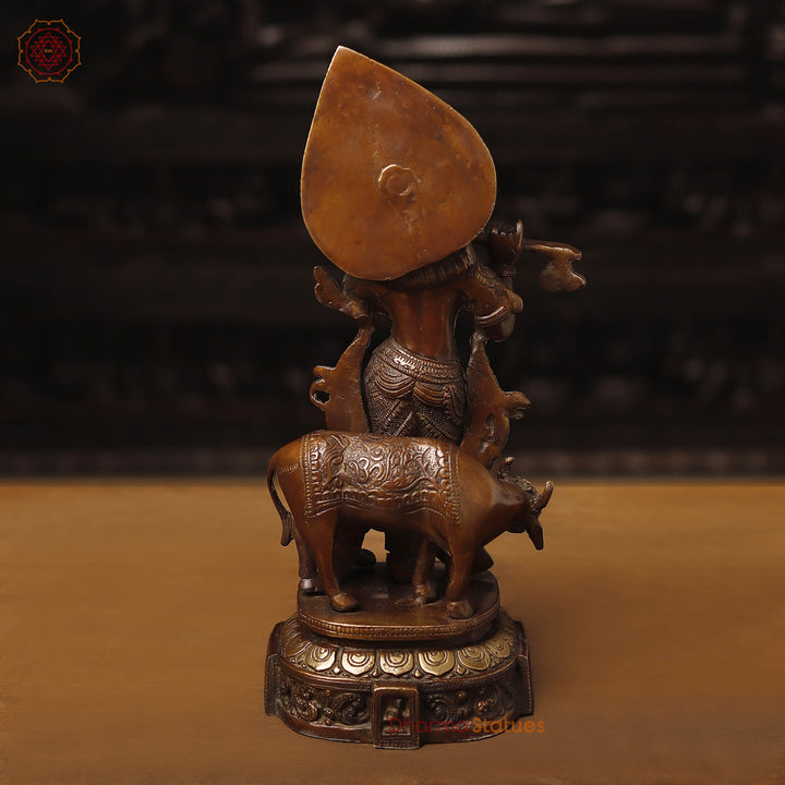 Brass Krishna Statue with Cow, Playing Flute, Copper & Golden Finish, 14.5"