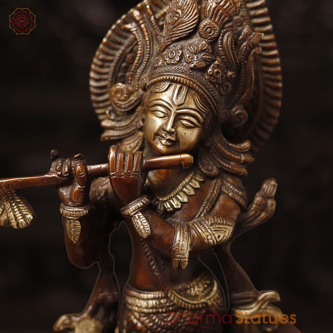 Brass Krishna Statue with Cow, Playing Flute, Copper & Golden Finish, 14.5"