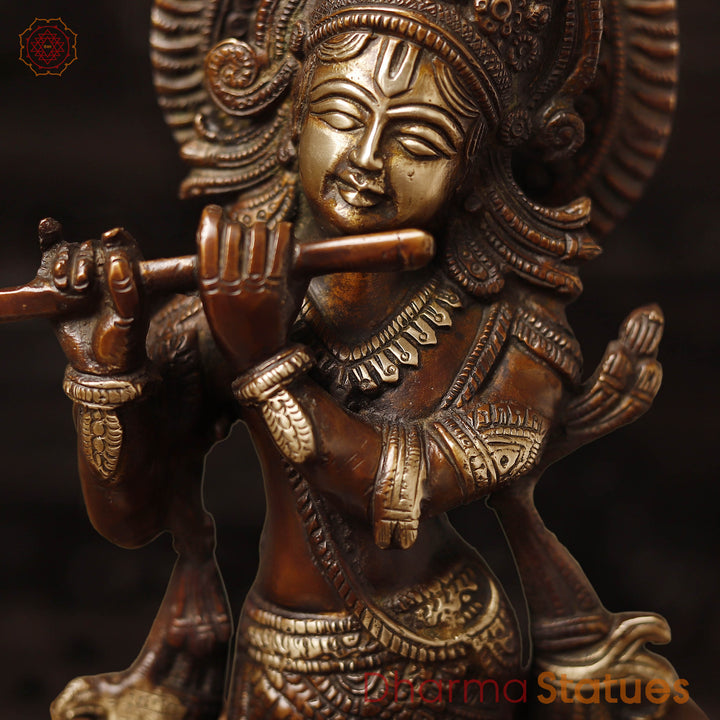 Brass Krishna Statue with Cow, Playing Flute, Copper & Golden Finish, 14.5"