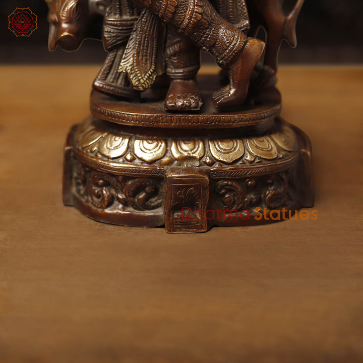 Brass Krishna Statue with Cow, Playing Flute, Copper & Golden Finish, 14.5"