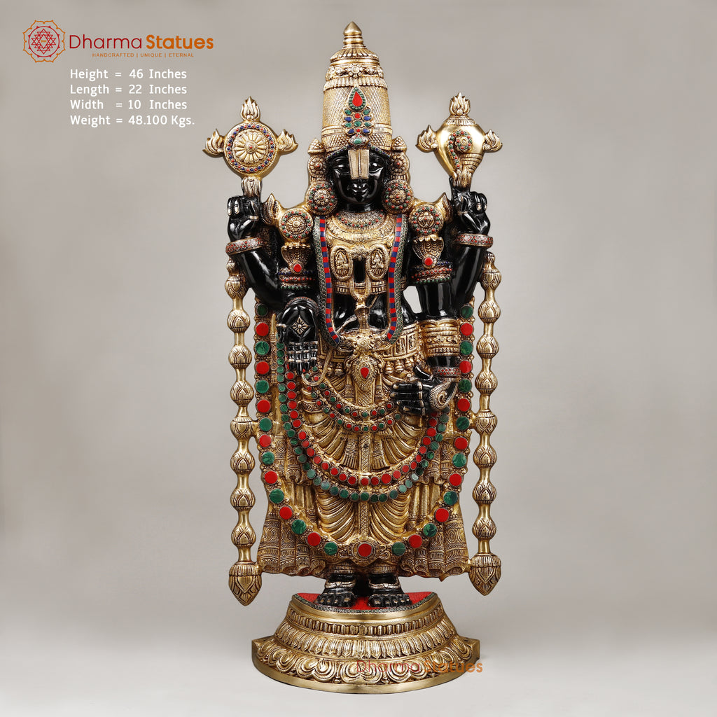 Brass Tirupati Balaji (Venkateshvara), Black finish with Stone Work, 46" Crafted With 100 Hours of Workmanship.