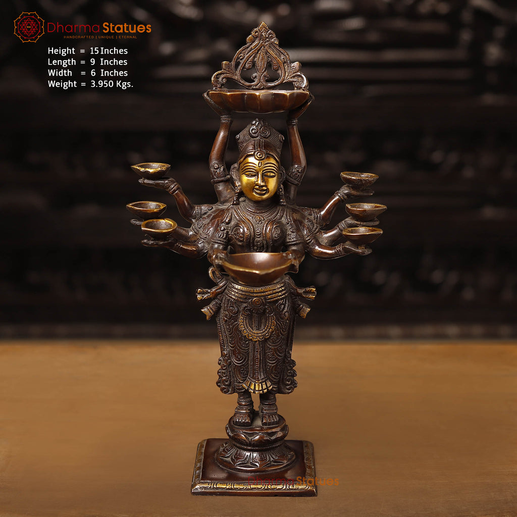 Brass Deep Lakshmi Idol- Holding 8 diyas (lamps), Bronze & golden Finish 15" Front View