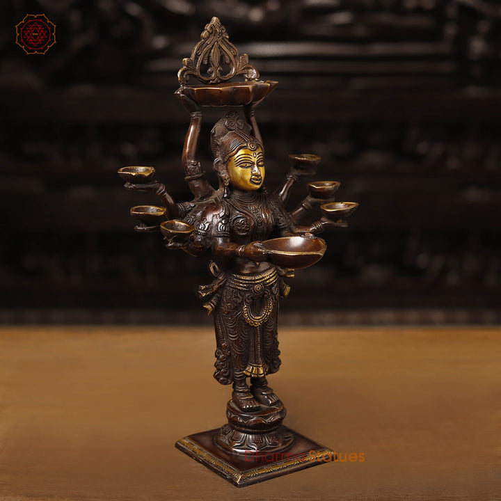 Brass Deep Lakshmi, Standing Position Deeplakshmi Holding 8 Lamps in Her Hands 15"