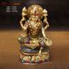 Goddess Lakshmi Brass Idol, Seated On Lotus, Golden Finish with Stone Work 8"