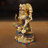 Goddess Lakshmi Brass Idol, Seated On Lotus, Golden Finish with Stone Work 8"