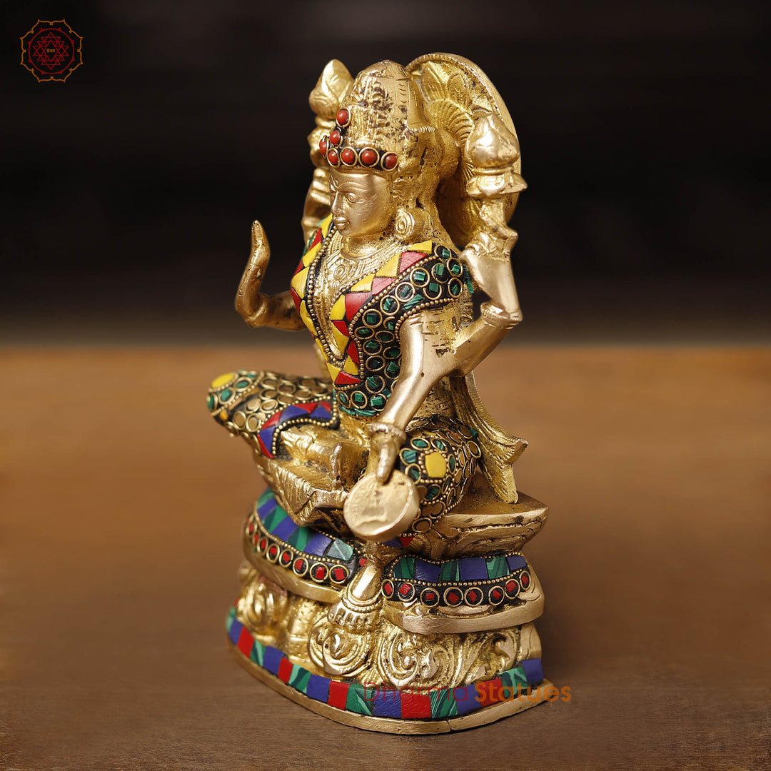 Goddess Lakshmi Brass Idol | Seated On Lotus, Golden Finish with Stone Work 8"