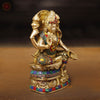 Goddess Lakshmi Brass Idol, Seated On Lotus, Golden Finish with Stone Work 8"