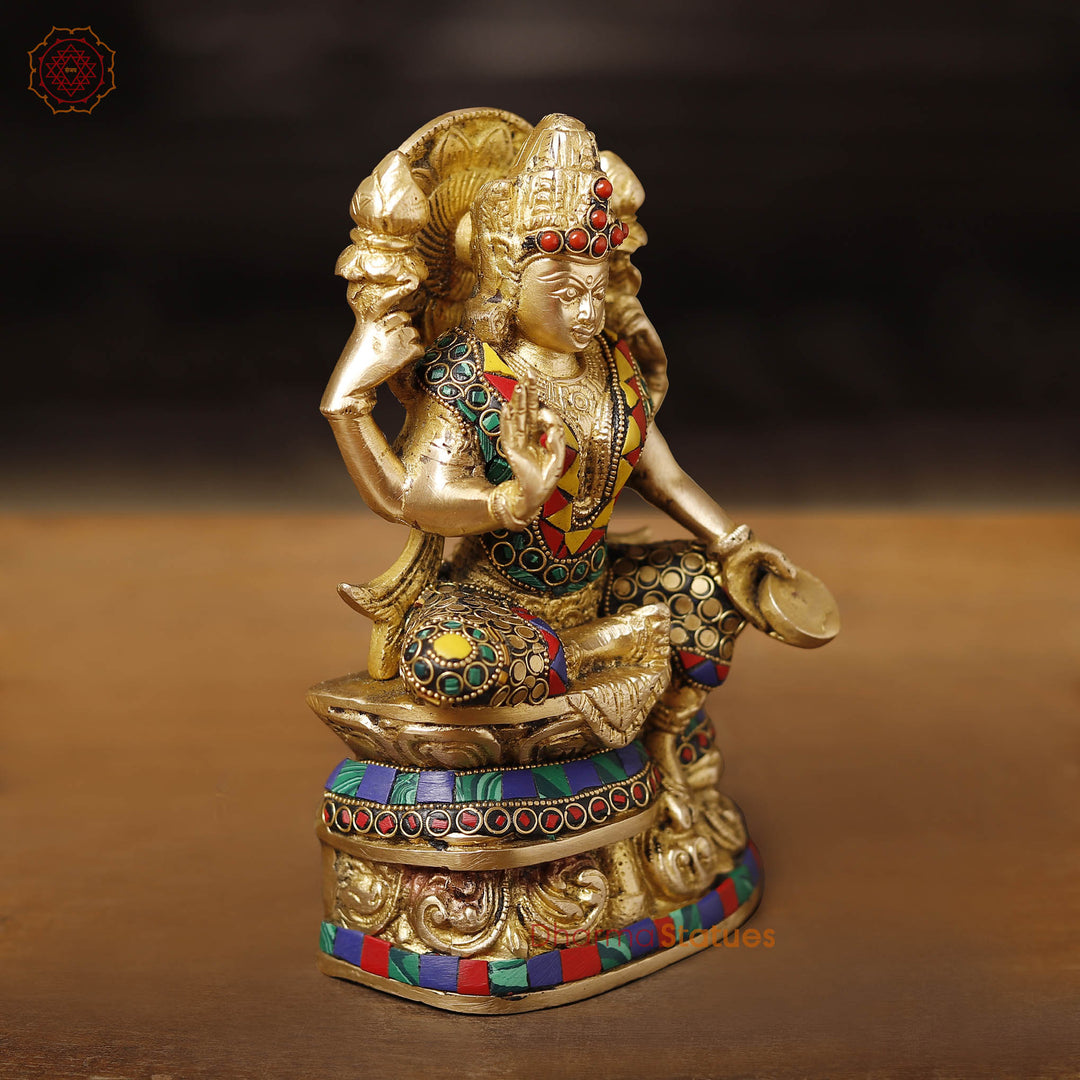 Goddess Lakshmi Brass Idol | Seated On Lotus, Golden Finish with Stone Work 8"