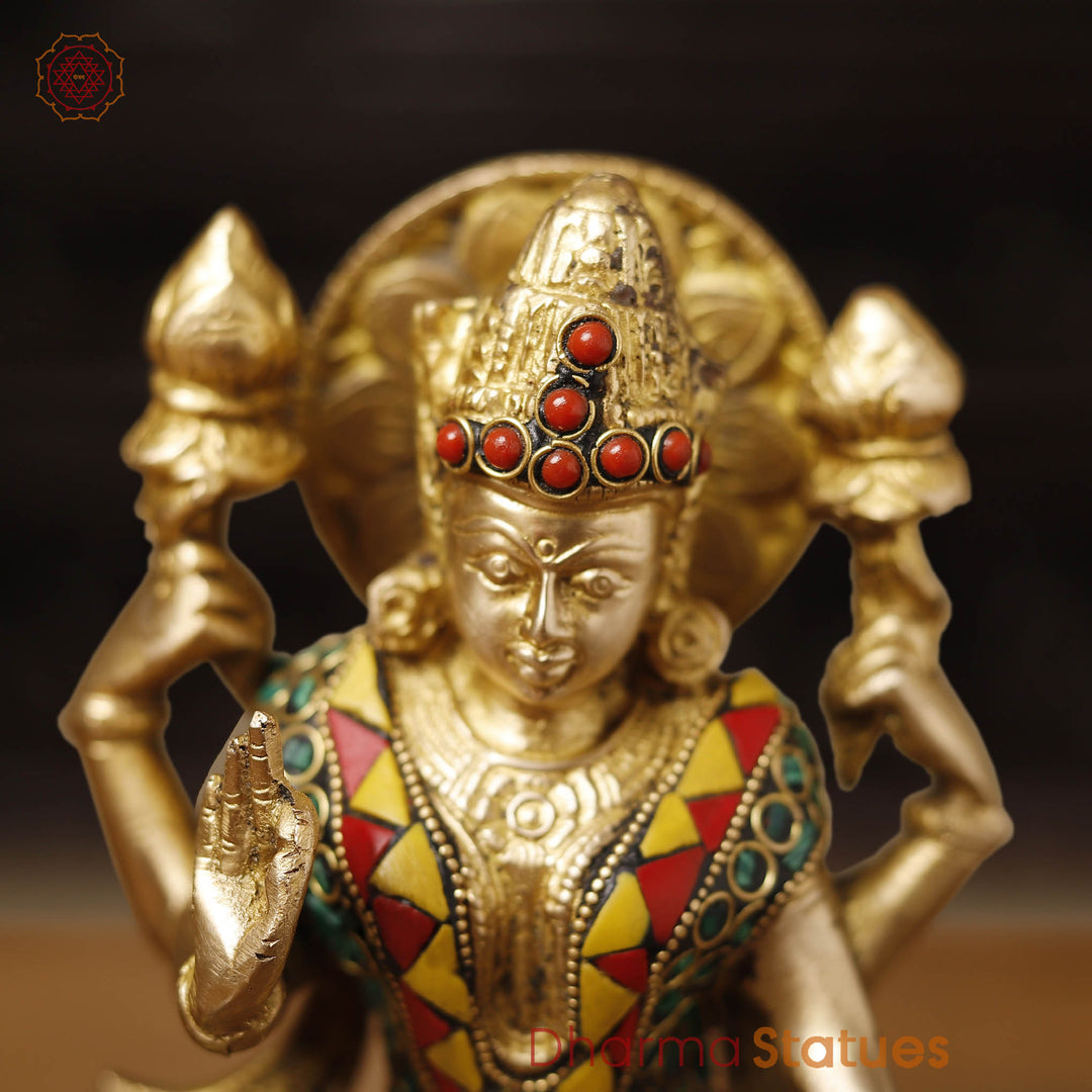 Goddess Lakshmi Brass Idol | Seated On Lotus, Golden Finish with Stone Work 8"