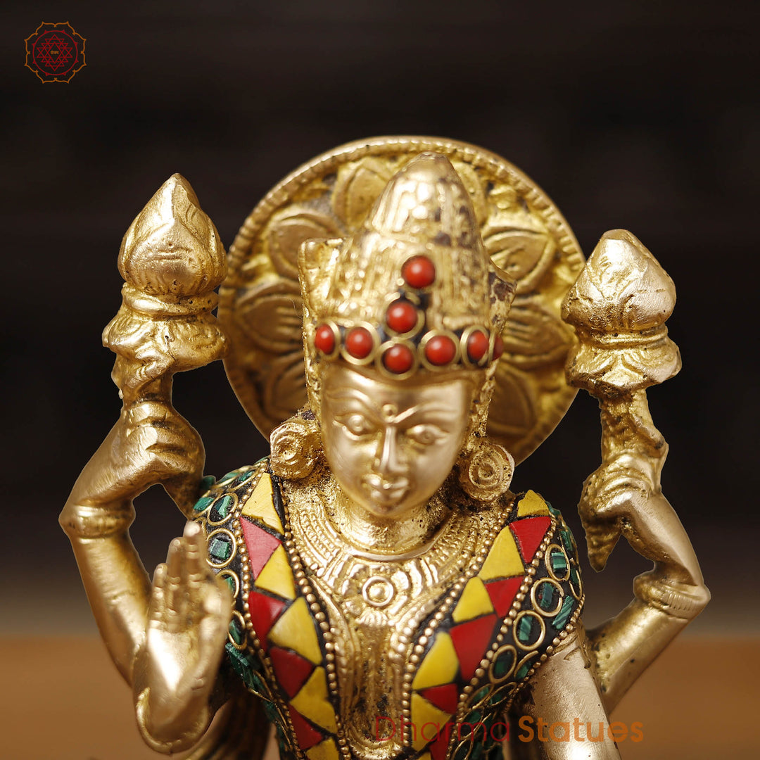 Goddess Lakshmi Brass Idol | Seated On Lotus, Golden Finish with Stone Work 8"