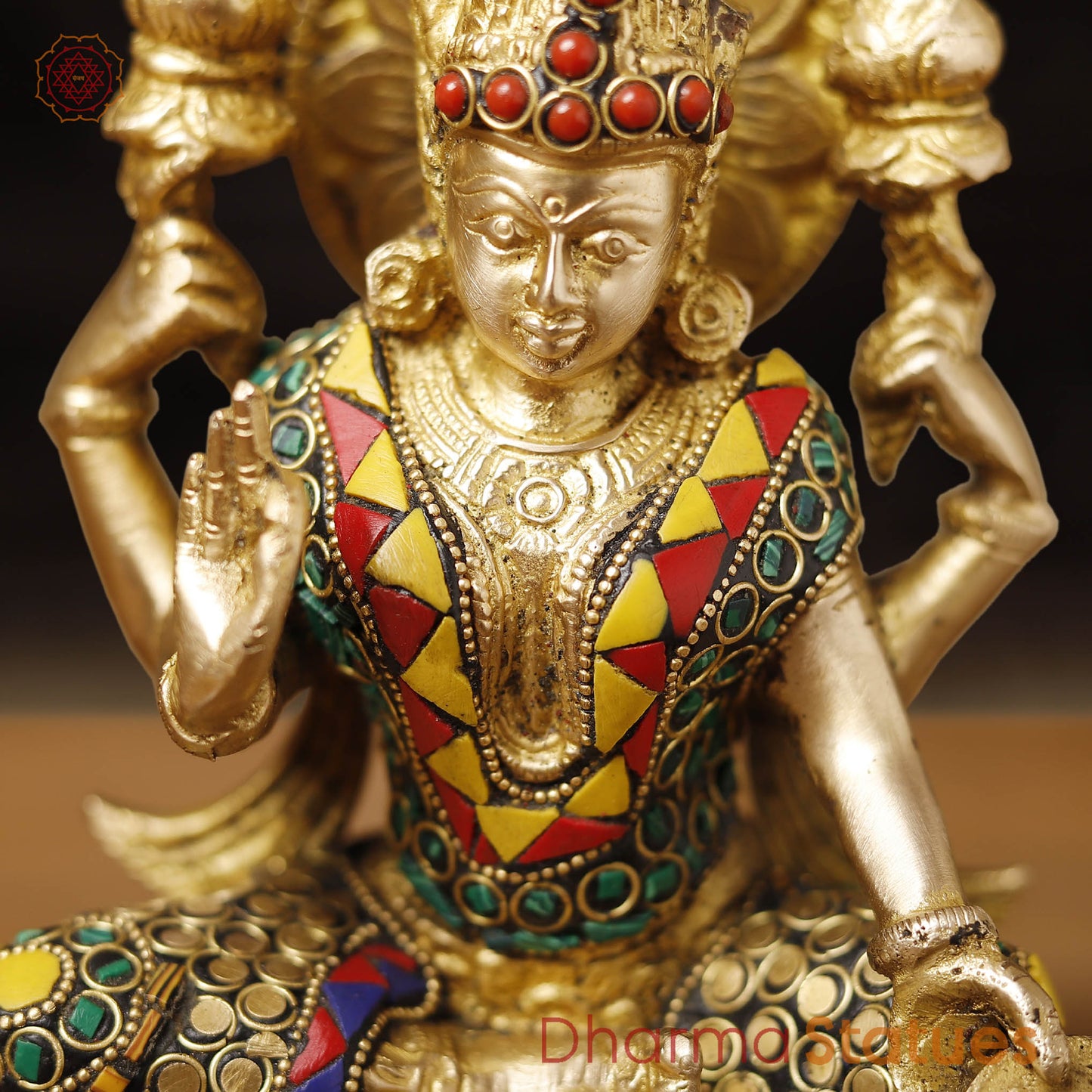 Goddess Lakshmi Brass Idol, Seated On Lotus, Golden Finish with Stone Work 8"
