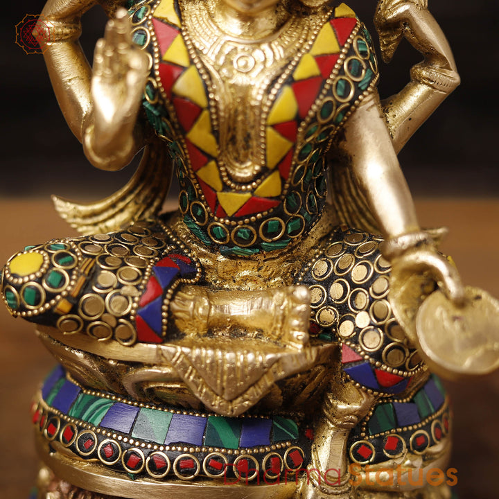 Goddess Lakshmi Brass Idol | Seated On Lotus, Golden Finish with Stone Work 8"