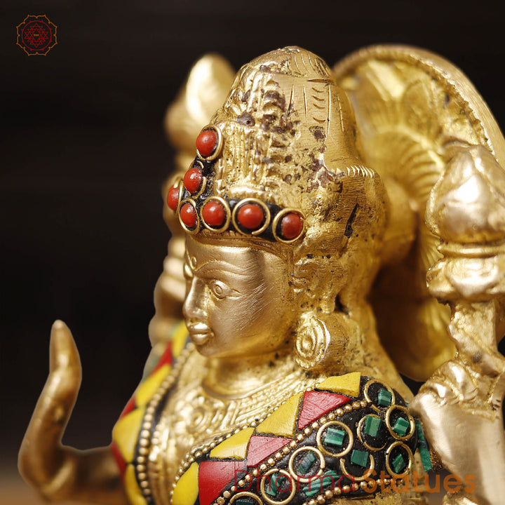 Goddess Lakshmi Brass Idol | Seated On Lotus, Golden Finish with Stone Work 8"