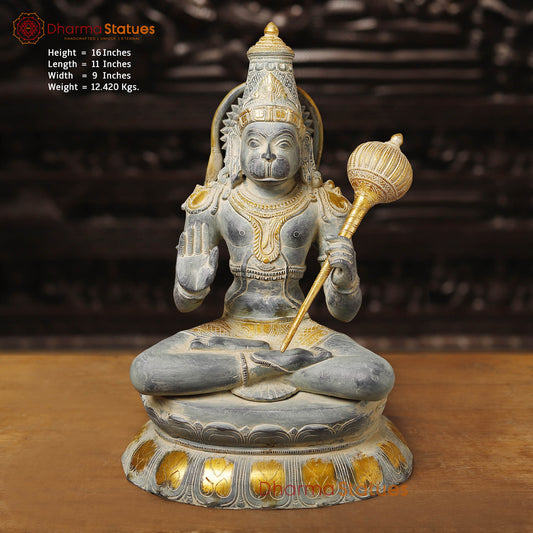 Brass Hanuman, Hanuman Ji is Sitting on a Lotus Platform. 16" Front View