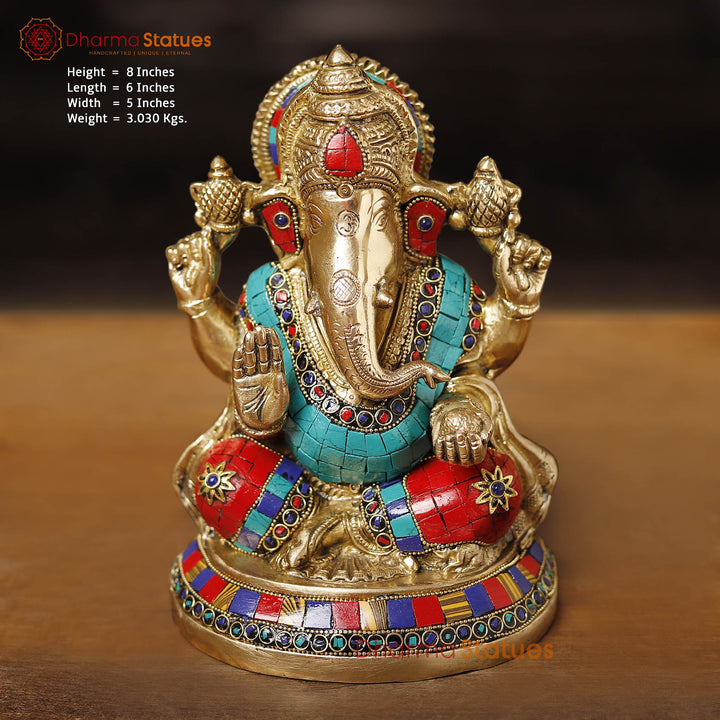 Brass Ganesh Sitting Stone Work, golden finish and intricate stone work, 8" Front View