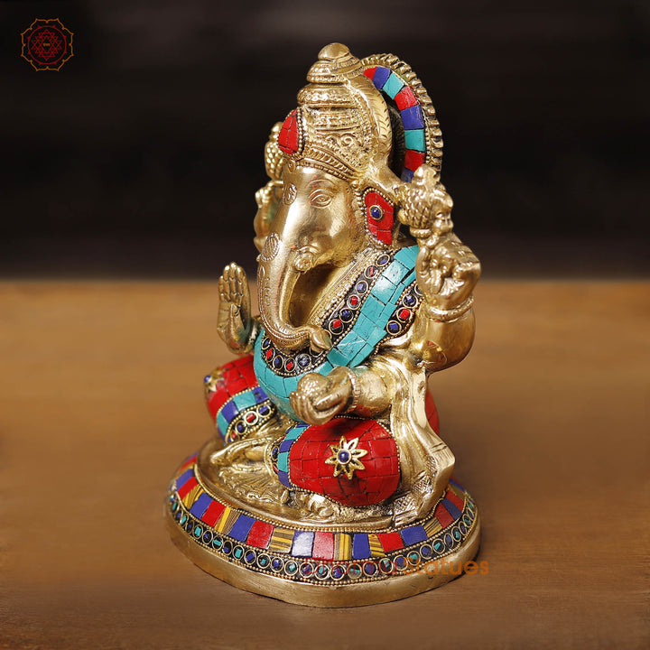 Brass Ganesh Sitting Stone Work, golden finish and intricate stone work, 8"